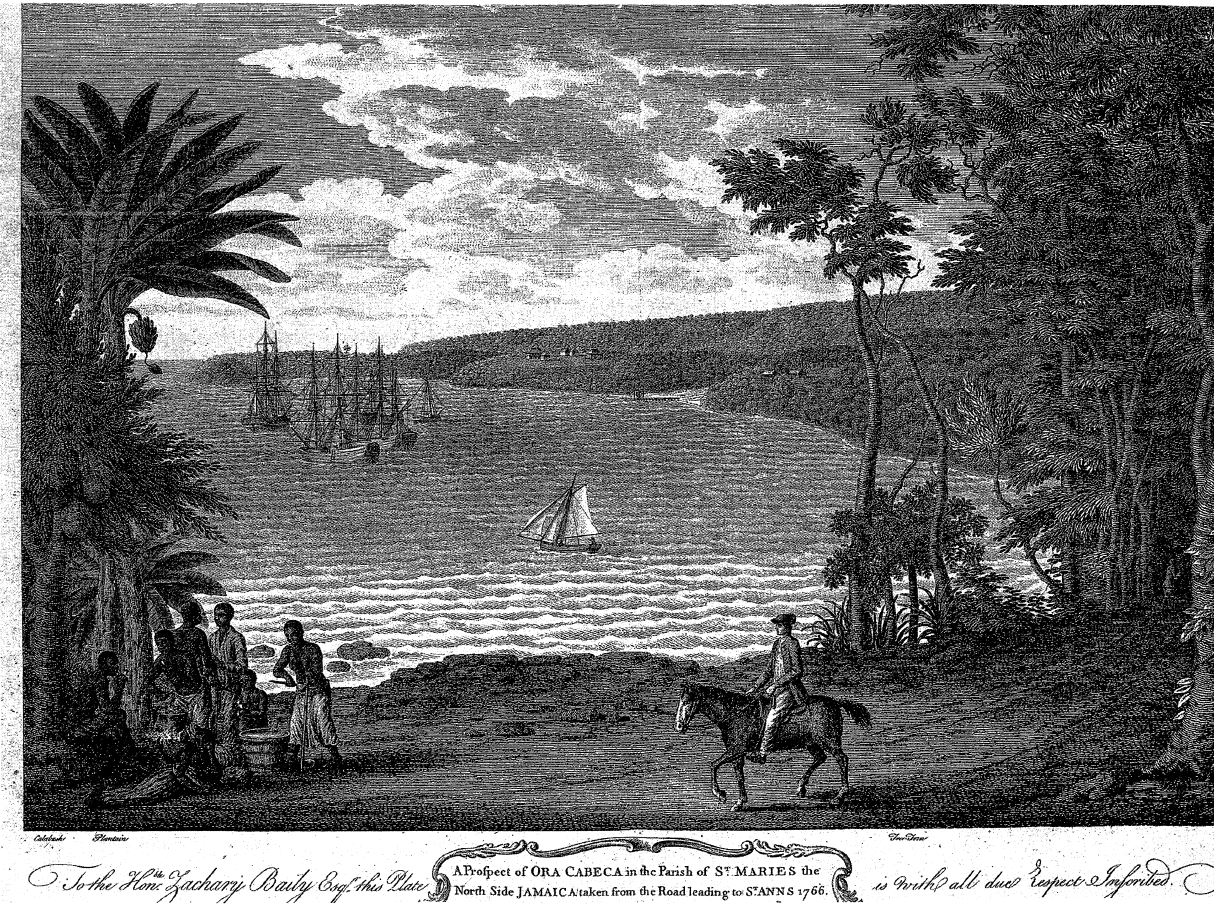 Engraving of A Prospect of Ora Cabeca in the Parish of St. Maries, the North Side, Jamaica, taken from the Road leading to St. Ann's. 1766